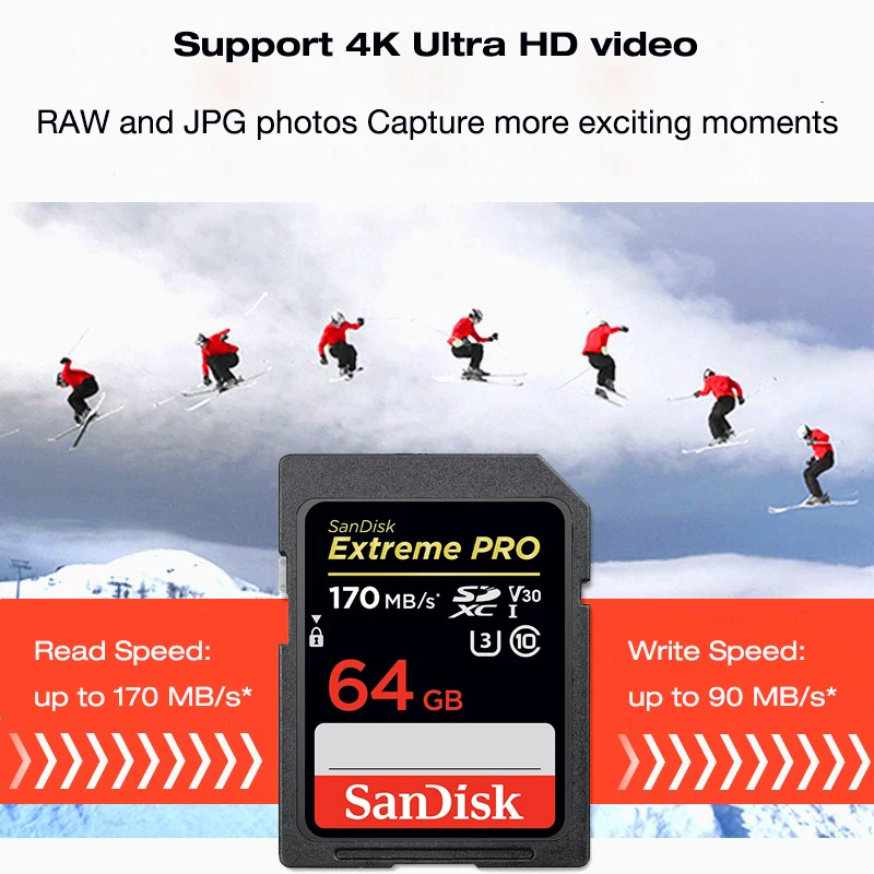Новый двойной флеш накопитель SanDisk sd карта 128g 256g Карта SDXC/SDHC до 170 МБ/с. 64 Гб