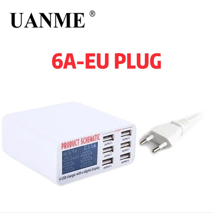 30W 6A EU PLUG UANME QC3.0 Смарт USB зарядное устройство светодиодный дисплей 6 портов Быстрая зарядка для iPhone iPad samsung huawei Xiaomi Мобильный телефон - Цвет: 30W 6A EU PLUG