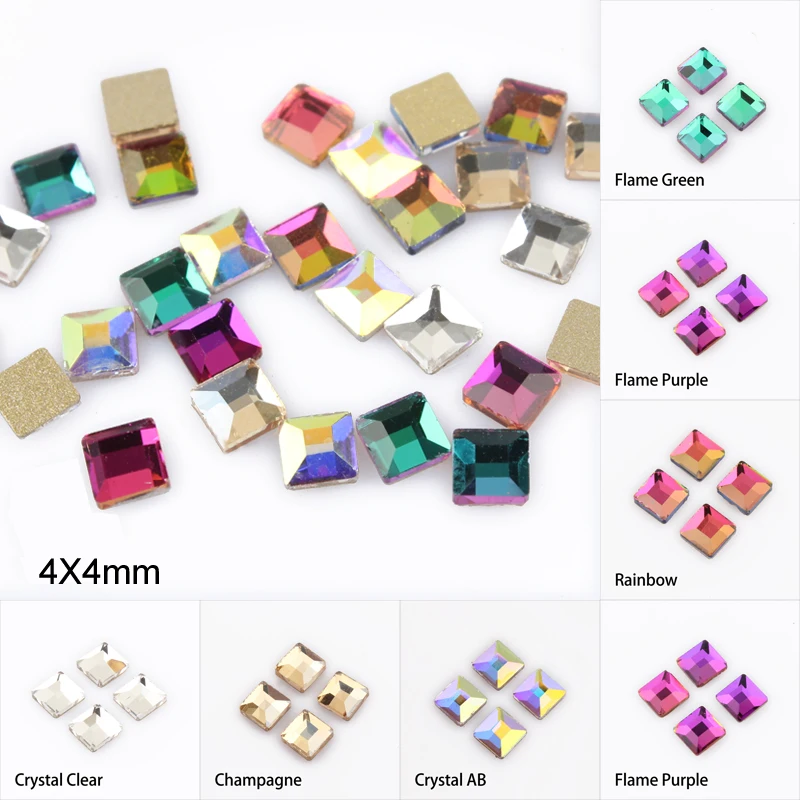 Квадратные 3D Стразы 4x4 мм для дизайна ногтей драгоценные камни с плоским