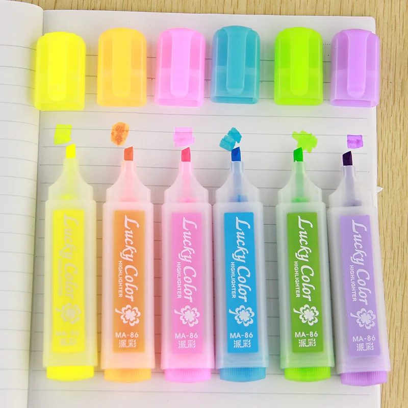 6PCS Cute Candy Colors Highlighter Pen Marker Pens Kawaii Stationery Material Escolar Papelaria Writing School Supplies