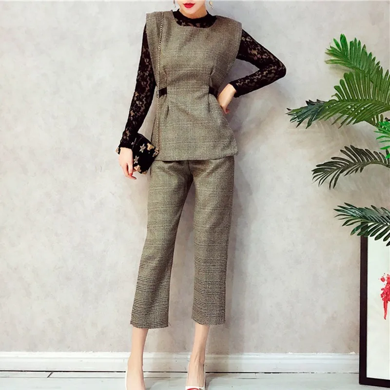 SISPELL Spring Three Picec Set Female O Neck Lace T-shirt Top Women's Costumes Plaid Vest With Ankle Length Pants Vintage New | Женская