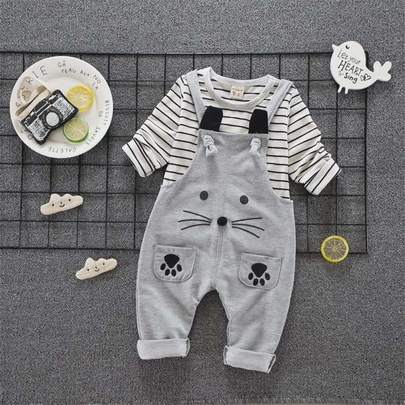 baby girl boy clothing 2018 autumn striped kid children clothes girls boys T-shirt+rompers set | Детская одежда и обувь