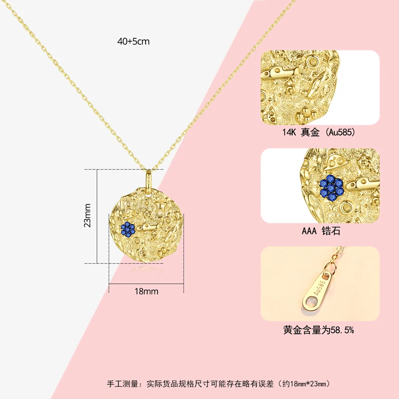 

Real Gold Necklace 14k Jewelry Fashion Round Blue Crystal Pendant Necklace For Women Mother Gifts Top Quality