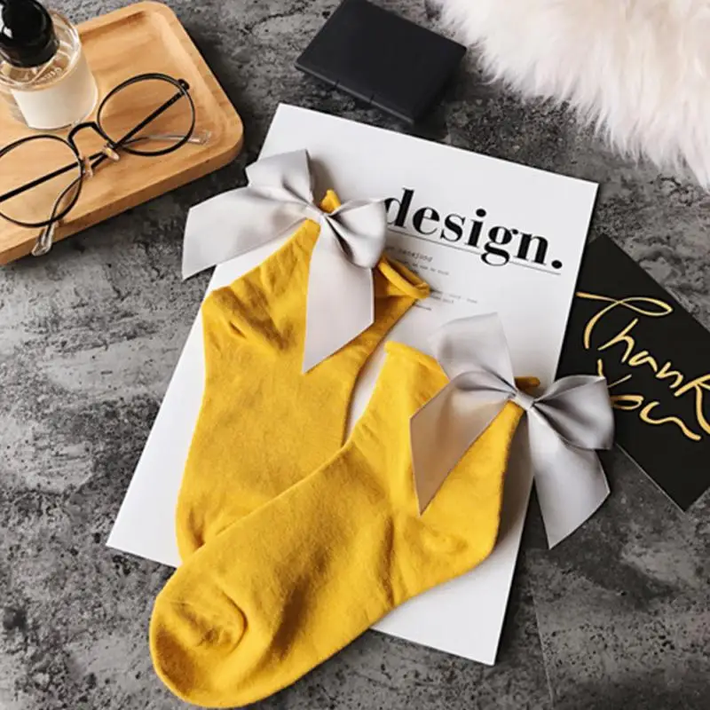 Yellow Grey Bowtie Женские рождественские хлопковые носки с большим бантом; однотонные женские короткие милые носки; calcetines mujer; женские рождественские носки; x27s - Цвет: Yellow Grey Bowtie