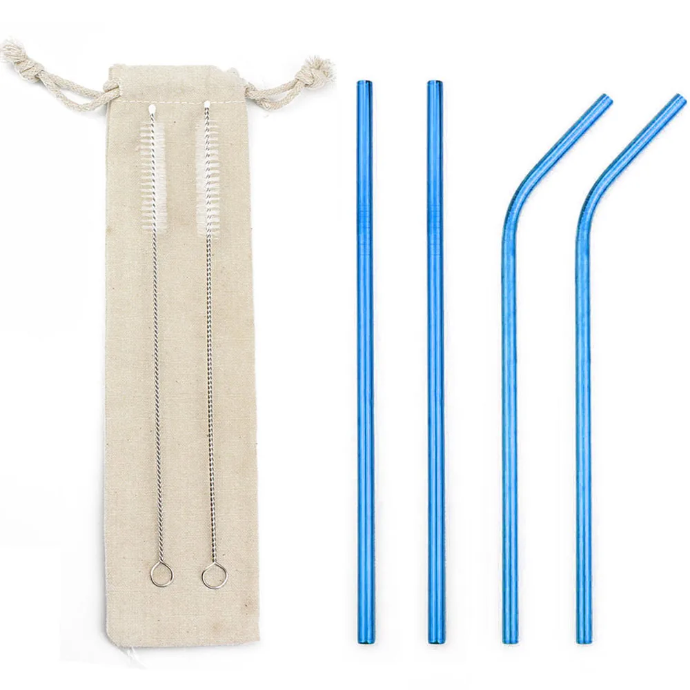 Blue 7Pcs 4/7 шт многоразовые 215*6 мм металлический соломинки Нержавеющая сталь изогнутые прямые соломинка для напитков бар вечерние оптом с сумочкой в комплекте; Новинка - Цвет: Blue 7Pcs