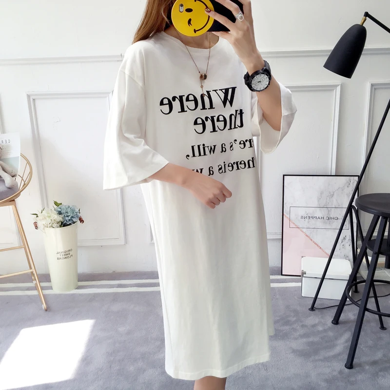 Летние платья из 100% хлопка Корейского стиля для женщин 2018 года, футболки с круглым вырезом, платья свободного кроя большого размера, покрывающие животик, топы с надписью J124.