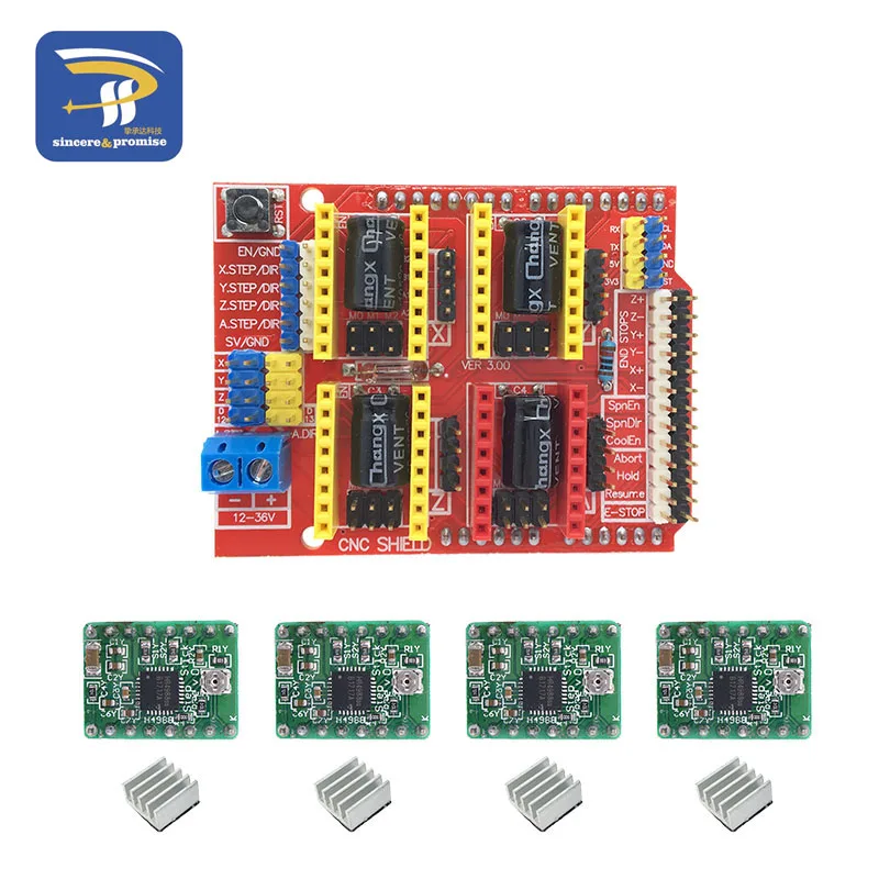 A4988 Green CNC щит V3 гравировальный станок 3D Printe+ 4 шт. A4988/DRV8825/AT2100 Плата расширения драйвера для Arduino UNO R3 - Цвет: A4988 Green
