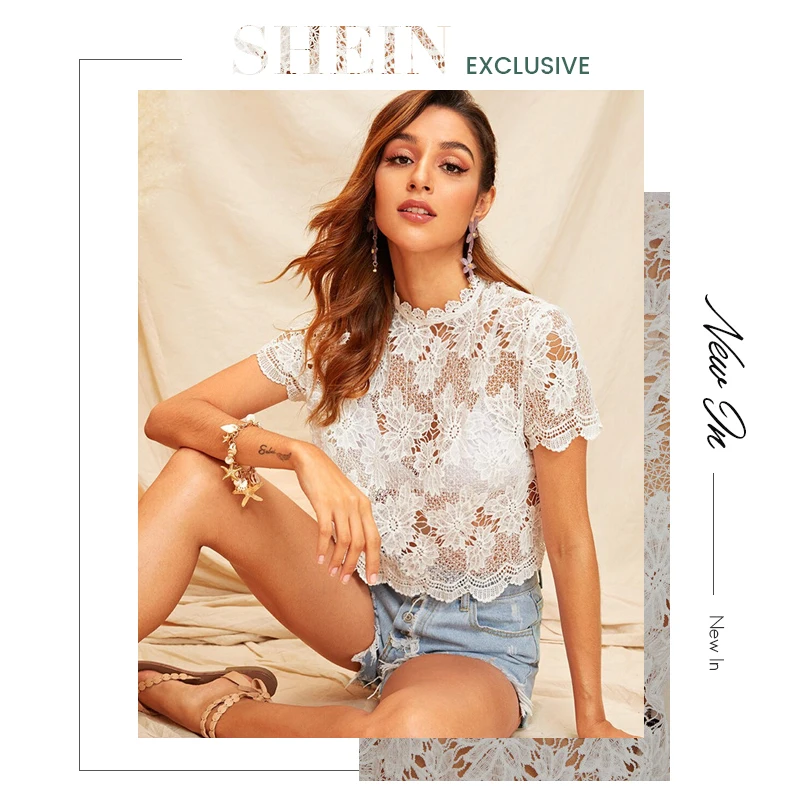 SHEIN кружевная блузка без бюстгальтера с вырезом-лодочкой на спине, женская одежда, летняя сексуальная прозрачная белая блузка, одноцветные женские топы