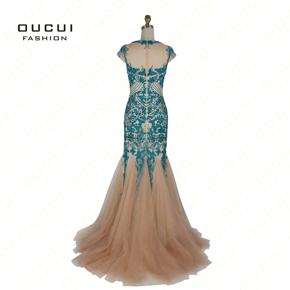 

Real Photos Tulle Fabric Heavy Beading Hand Make Nude Color Puffy Skirt Long Evening Dress Gown OL102656