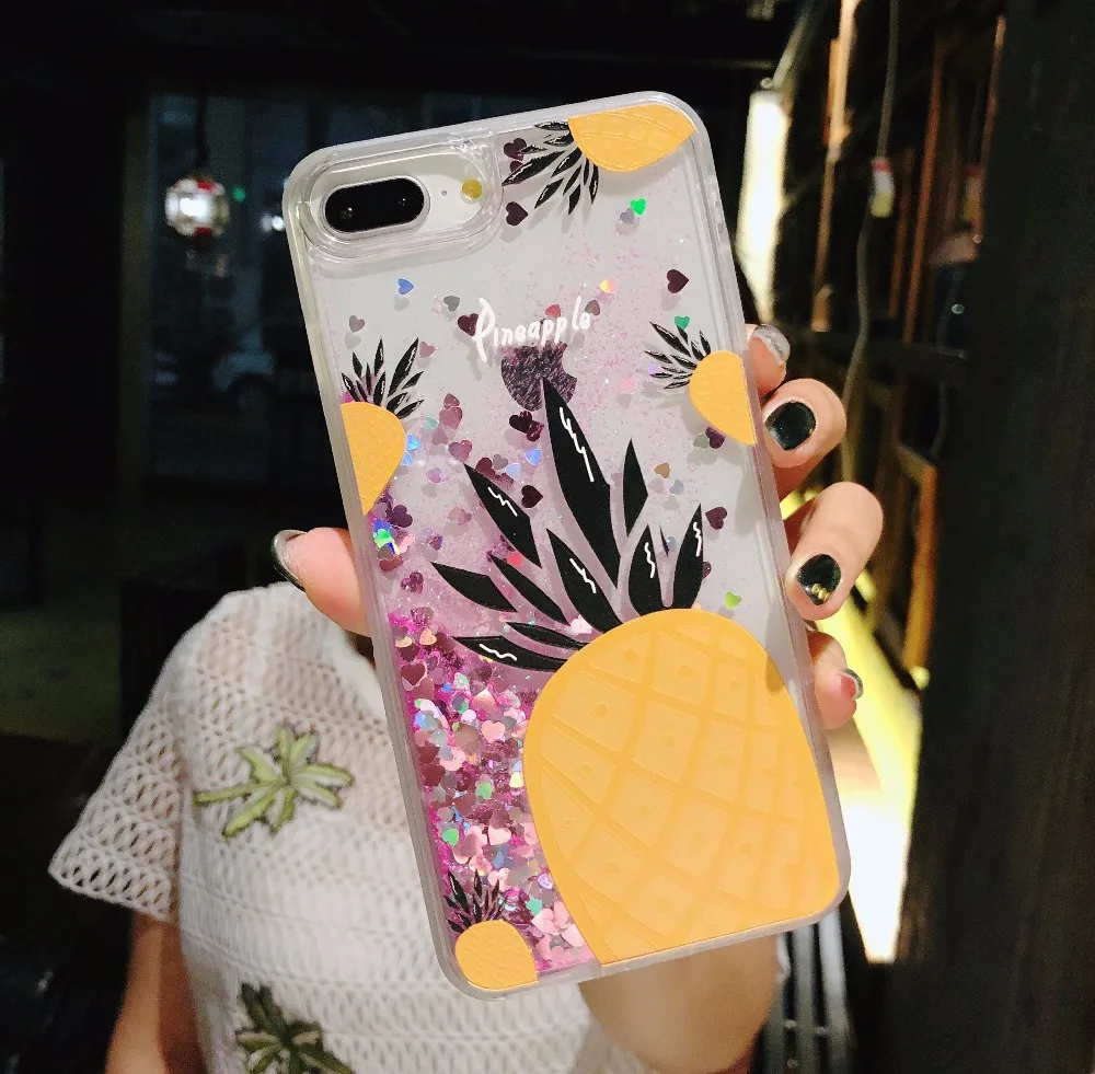 Bling Glitter Dynamic love heart pineapple Liquid Quicksand Phone Back cover For iPhone 6 6S Case 7 8 X Plus Capa |