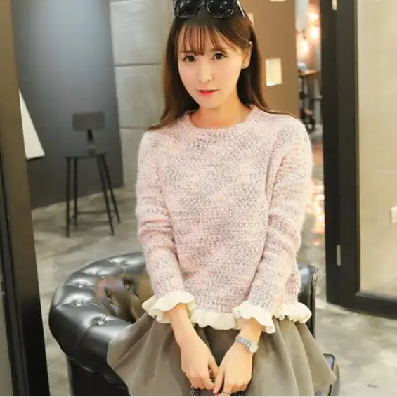 

Gril high neck collar full-sleeve lace sweater