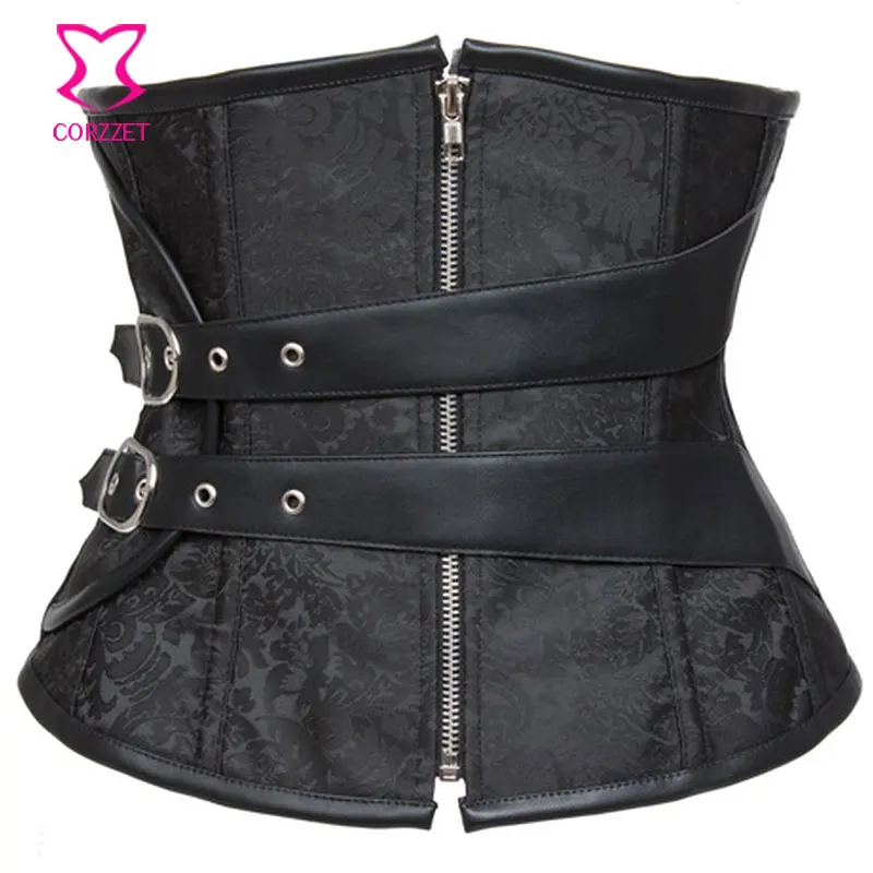 

Punk Rave Corsets Black Brocade & Leather Belt Gothic Corset Underbust Waist Slim Steel Boned Waist Trainer Steampunk Clothing