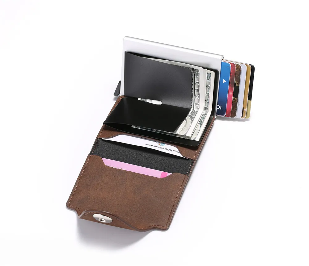 BYCOBECY RFID бизнес-держатель для карт с застежкой для мужчин и женщин, кошелек для ID карт из искусственной кожи, всплывающий клатч, высококачественный чехол