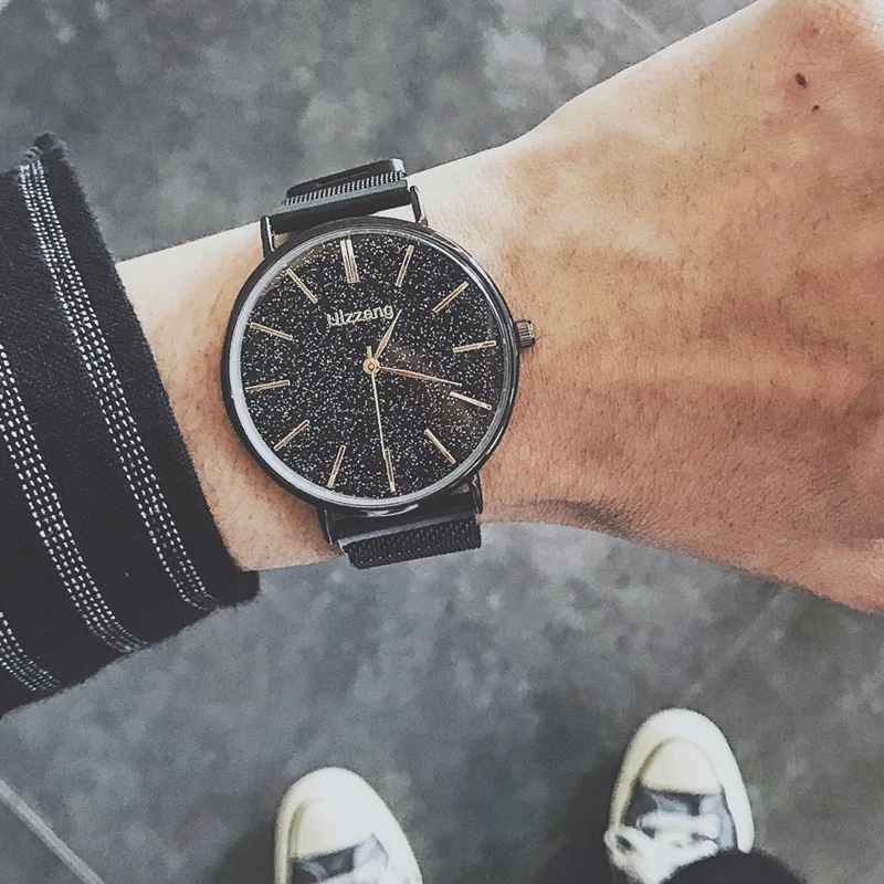 Simple Fashion Watch Man Sturry Bling Men's Quartz Watches Metal Mesh Leather Magnet Magnetic Force Creative Male Dress | Наручные