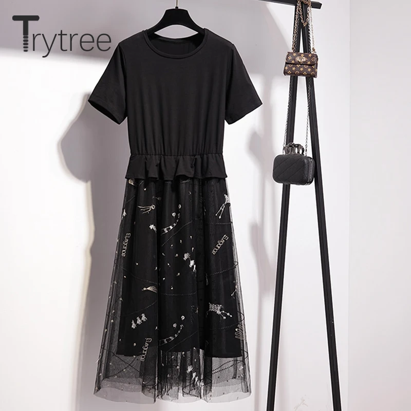 Trytree 2019 Лето Осень вышивка сетка лоскутное Повседневное платье для женщин