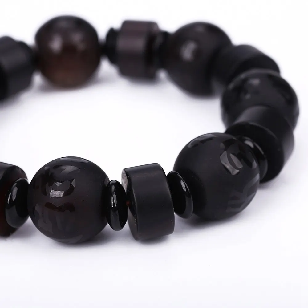 Natural Stone Black Agate Reiki Obsidian Six-Word Mantra Beads Bracelets For Women Men Classic Elastic Jade Buddha Bracelet Gift | Украшения