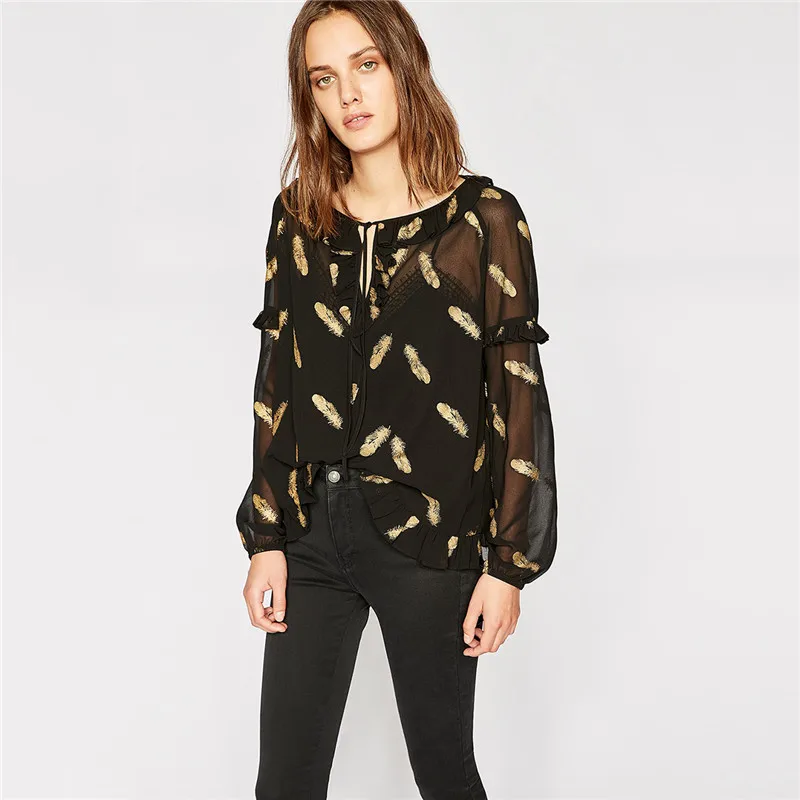 GOLDEN FEATHERS TOP Drawstring Lace-up Bow Collar Women Shirts 2017 Autumn Long Sleeve Blouses Gold Feather Print Top M17112401 |