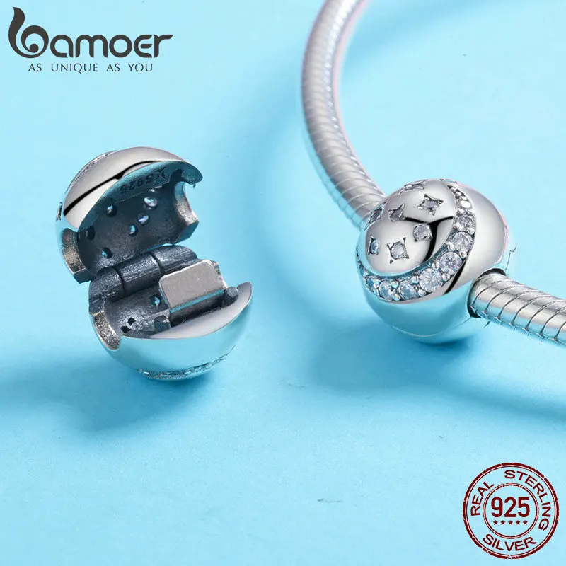 BAMOER 925 пробы Серебряный Мерцающая ночь клип, маленькие звезды прозрачный CZ талисманы подходит браслет DIY Аксессуары SCC813
