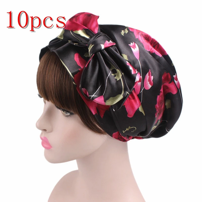 10pcs black flower 1/2/5/10 шт Мягкий шелк душ Кепки Для женщин ночного сна душ Кепки Регулируемый ухода за длинными волосами капота тюрбан шапка аксессуары - Цвет: 10pcs black flower