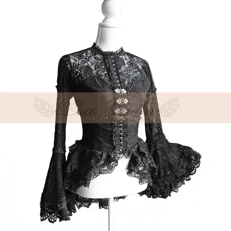 Vintage Women's Illusion Neckline Lace Blouse Gothic Long Flare Sleeve Ruffled Top by Garden | Женская одежда