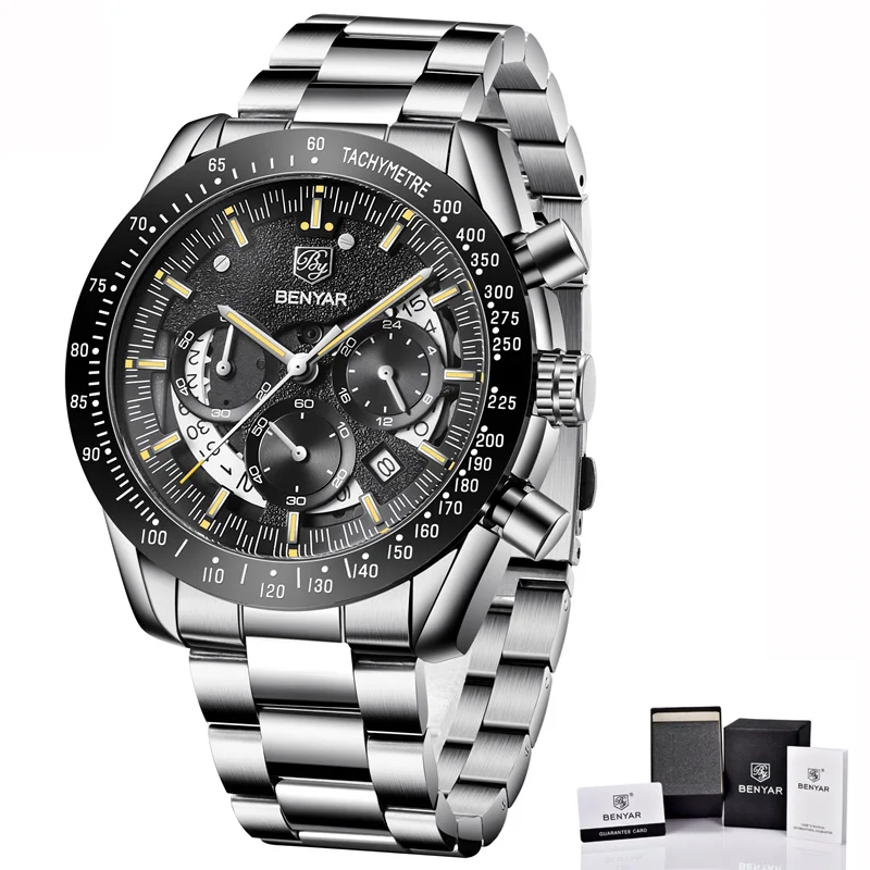 Steel Silver Yellow Benyar спортивные часы, мужские водонепроницаемые кварцевые часы с хронографом, деловые наручные часы, мужские часы - Цвет: Steel Silver Yellow