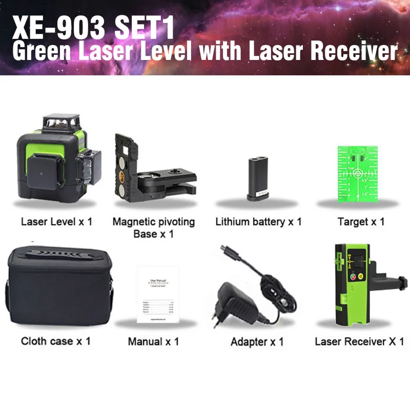 SET 2 XEAST XE-903 лазерный уровень 12 линий 360 самонивелирующийся перекрестный 3D лазерный уровень зеленый луч с режимом наклона и наружного режима можно использовать приемник - Цвет: SET 2