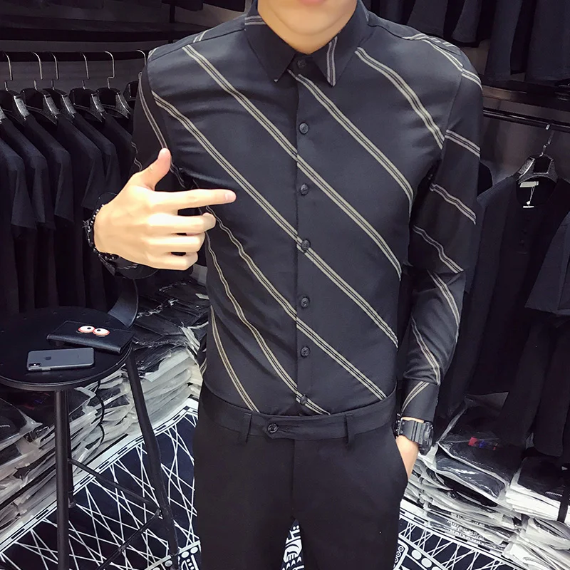 Полосатые рубашки мужские Повседневное корейский моды Camisa социальной Masculina
