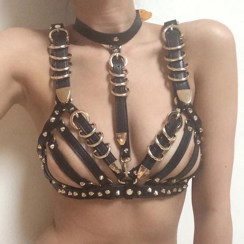 Handmade Punk Gothic Spiked Heavy Duty Metal Leather Black Harness Caged Bra Halter Choker Harness Cosplay Performance