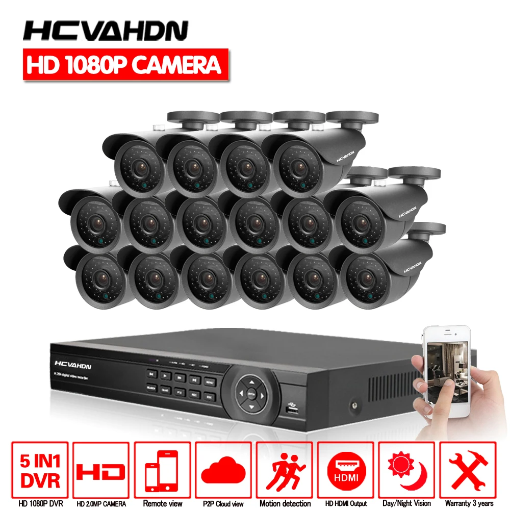 

16CH AHD DVR Kit 1080P CCTV System 16CH AHD DVR Recorder+2.0MP IR Outdoor Bullet Waterproof AHD Camera System Support P2P View