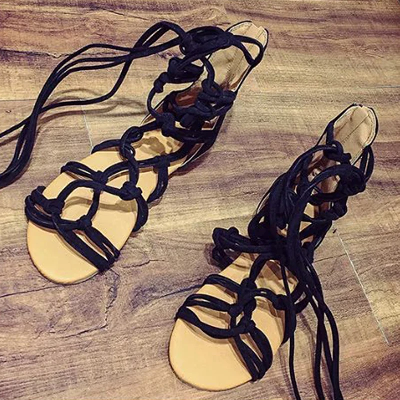 Сандалии-гладиаторы женские до колена модные пикантные босоножки с