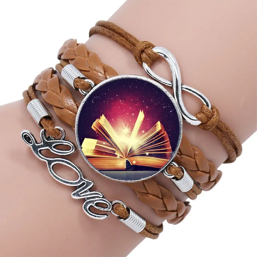 Стеклянный Многослойный черный/коричневый кожаный браслет кабошон ювелирное