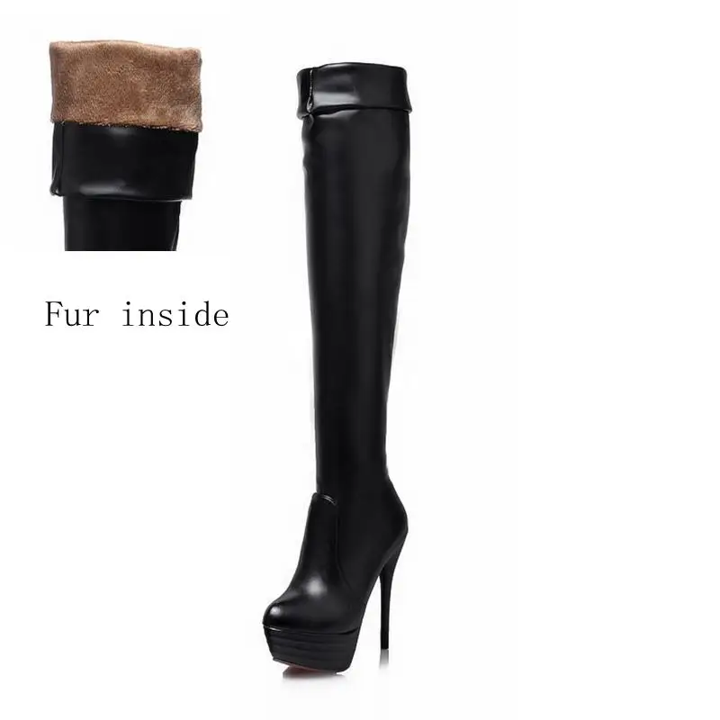 Black Fur ORCHA LISA/большие размеры 32-46, 13 см, ботфорты выше колена женские зимние пикантные ботинки на платформе и тонком высоком каблуке - Цвет: Black Fur