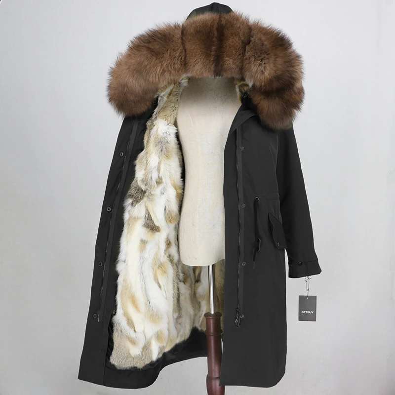 black brown OFTBUY, водонепроницаемая верхняя одежда, парка, зимняя куртка, Женское пальто с натуральным мехом, Воротник из меха серебристой лисы, капюшон, натуральный мех кролика, подкладка, теплая - Цвет: black brown