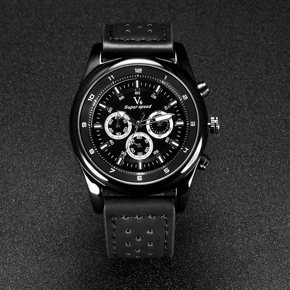 Модный Топ V6 бренд Мужские кварцевые наручные часы кожаный ремешок черный корпус