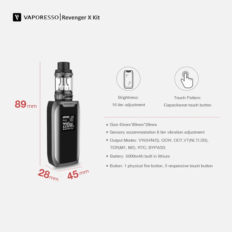 Original Vaporesso Revenger X Kit Vape 220W Output with 0.96 Touch Pattern 5ML/2ML Atomizer Capacity Fit Mod | Электроника