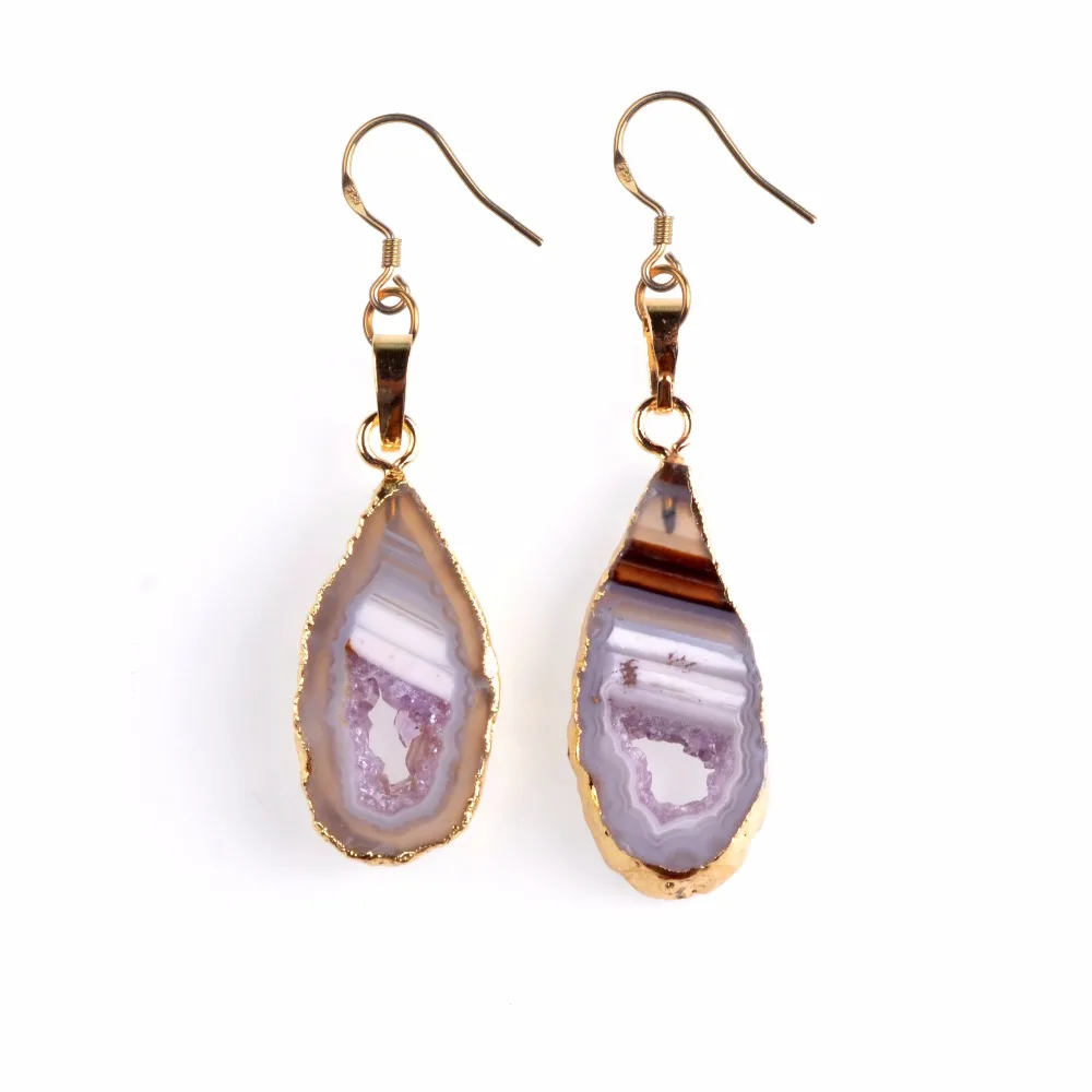 Золотой цвет натуральный агат ломтики Жеода Друза Висячие серьги модные для