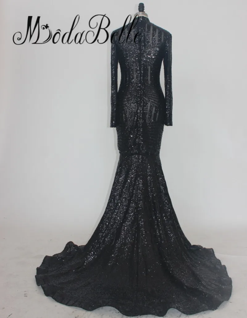 Уникальное блестящее черное платье русалки с длинными рукавами и блестками для