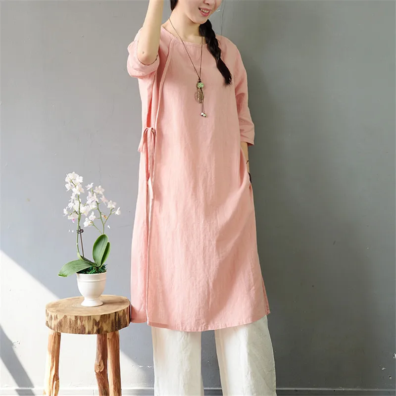 Pink SCUWLINEN, летние женские топы, винтажные, одноцветные, со шнуровкой, с боковыми разрезами, свободные, длинные, рами, футболки, повседневные, подходят ко всему, Zen Top Femme S776 - Цвет: Pink