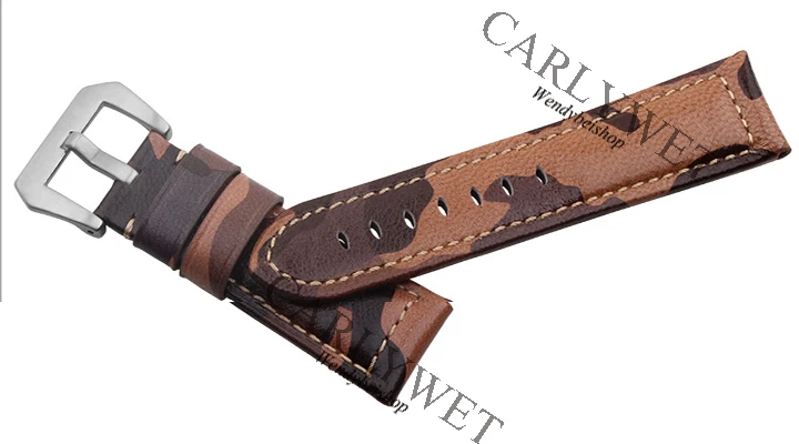 CARLYWET 22 24 26mm VINTAGE Camo Brown Watch Band Real Calf Leather Thick Strap Belt Silver Black Screw Buckle