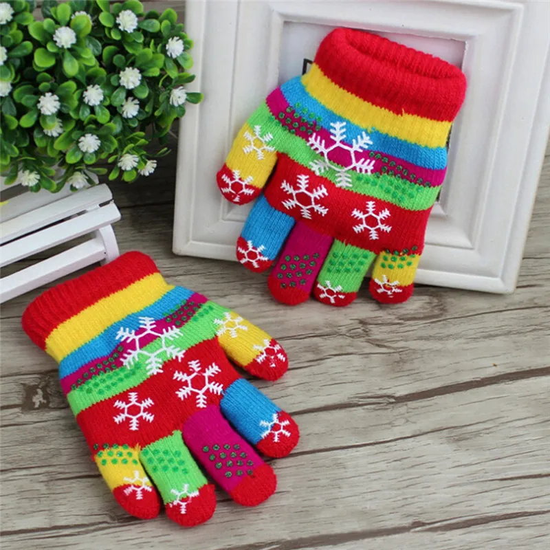 1pair Children Bi-layer Snow Print Winter Thickened Warm Colored Yarn Knit Gloves random color S/M/L | Аксессуары для одежды