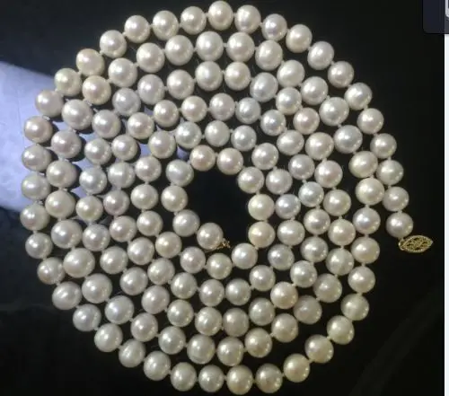 beautiful AAA 9-10 mm south white pearl necklace 50inch Yellow Clasp