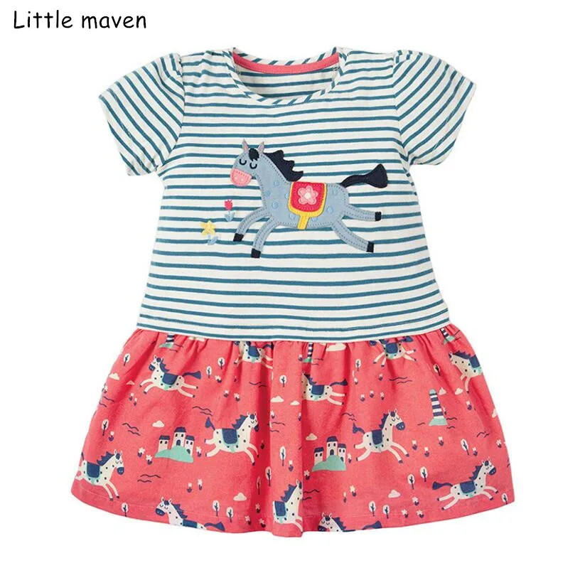 Little maven/Новинка года; летняя одежда для маленьких девочек; Брендовое платье; Детские хлопковые платья в полоску с короткими рукавами и принтом лошади; S0487