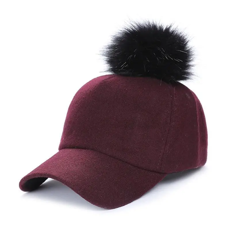 

Hip Hop Felt Baseball Cap Women Thick Warm Bone Snapback Hat Female Autumn Winter Fashion Polyester Fur Pom Pom Hats