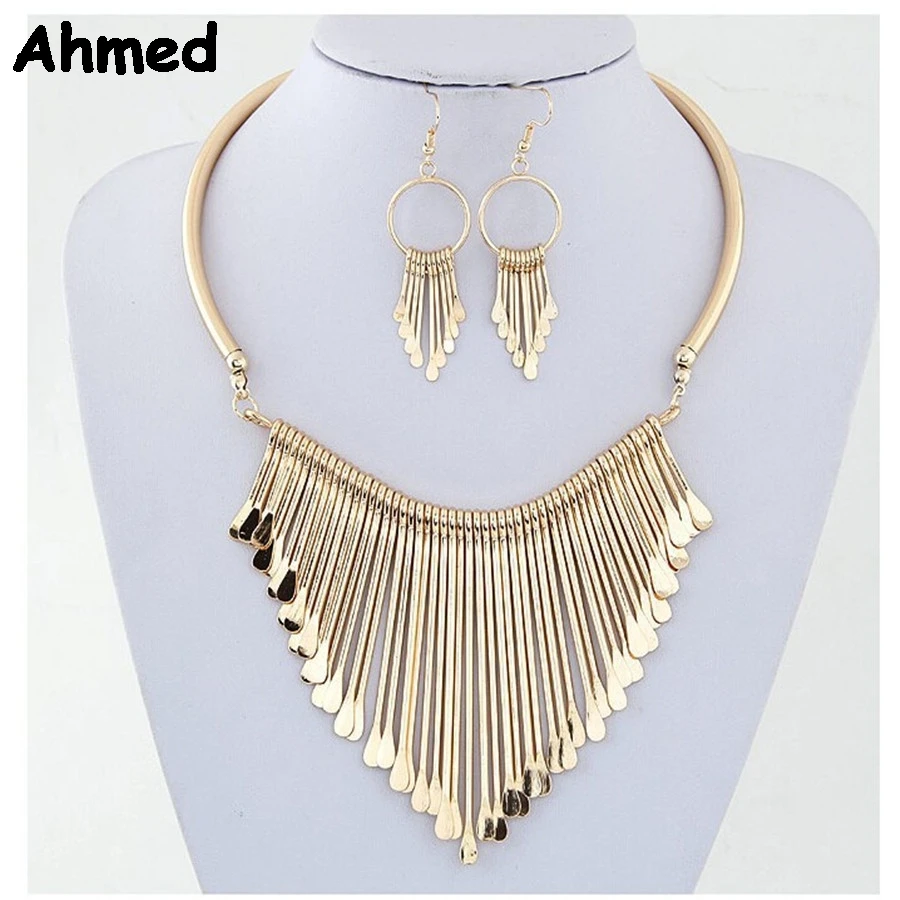 Ahmed Jewelry Geometry Fashion Metal Tassel Jewelry Set Necklace Earring For Woman New Boho Maxi Statement Collar Necklace HOT