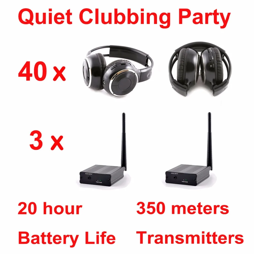 

Silent Disco Complete System Black Folding Wireless Headphones - Quiet Clubbing Party Bundle (40 Headsets + 3 Transmitters)