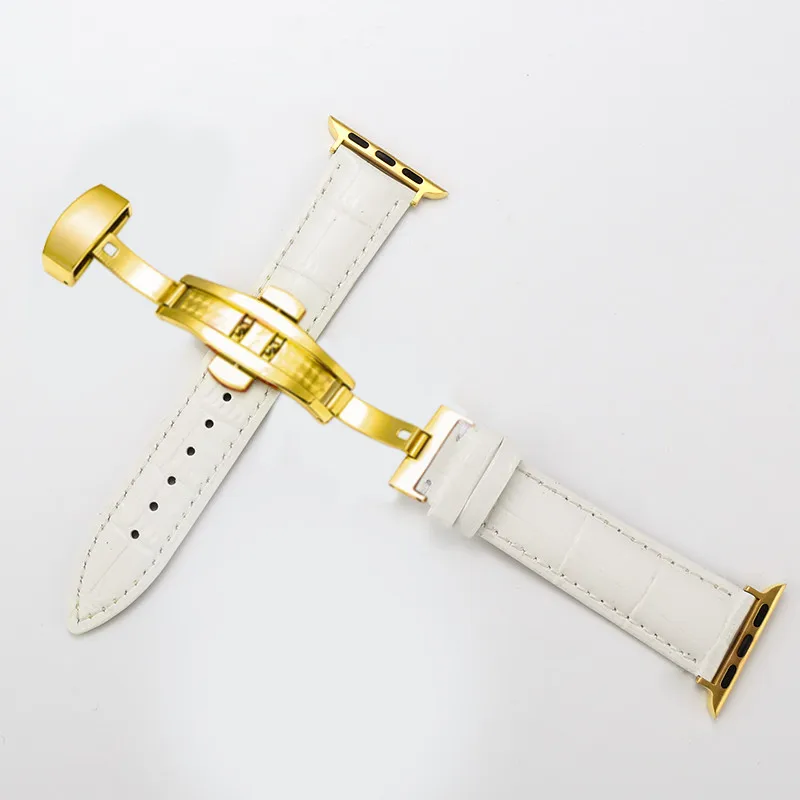 white--gold Ремешок для Apple Watch кожаный ремешок для iwatch Бабочка Пряжка браслет для Apple Watch 4 44 мм 38 мм 42 мм 40 мм ремешки - Цвет ремешка: white--gold