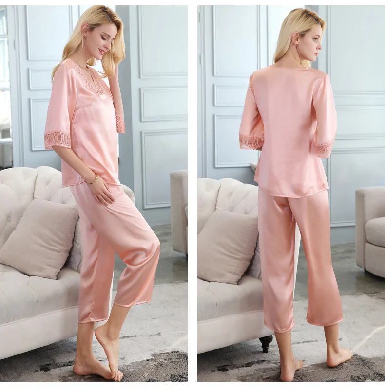 T77168  New Fashion Women Housewear Spring &Summer Clothes Pure color Sleepwear V-neck 100% Silk Pajama Sets