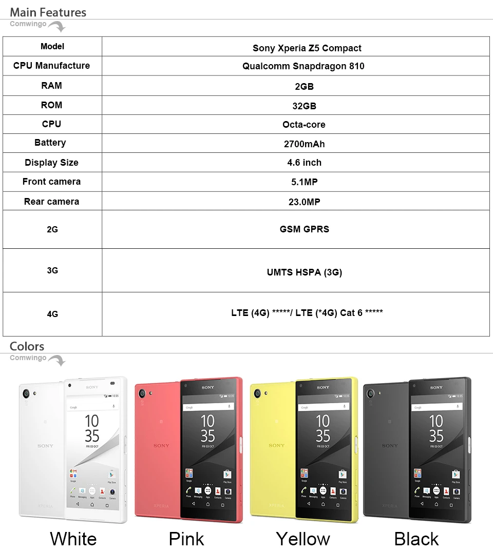 sony Xperia Z5 Compact E5823 разблокированный ОЗУ 2 Гб ПЗУ 32 Гб GSM Android четырехъядерный и четырехъядерный 4," МП смартфон