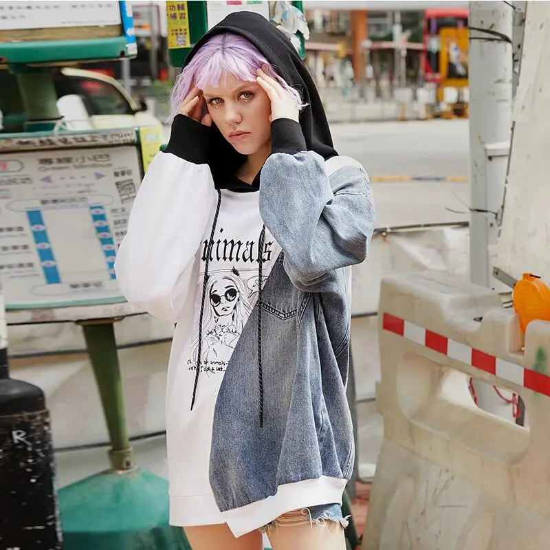 2019 весенние джинсовые Лоскутные нерегулярные толстовки женские длинные с