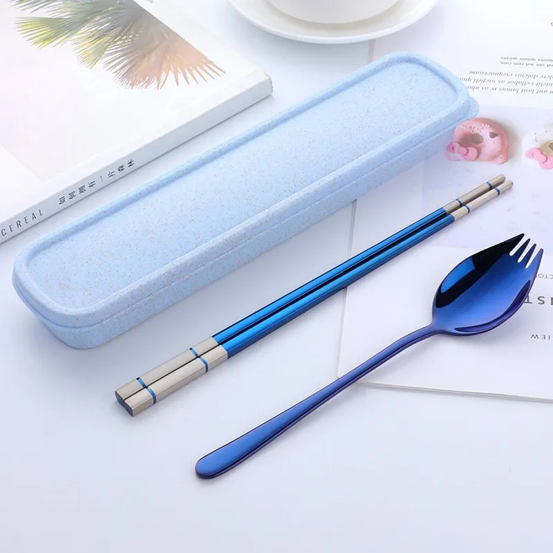 blue set 3 шт. из нержавеющей стали 3 в 1 вилка ложка палочки для еды набор портативный набор посуды с коробкой для взрослых путешествия для пикника столовые приборы набор посуды - Цвет: blue set